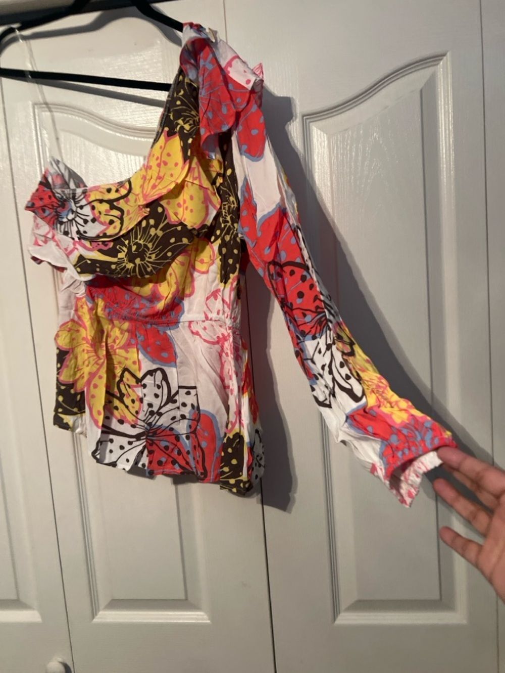 One Shoulder Floral Ruffle Blouse | Statement Print Peplum Top - Picture 4 of 8